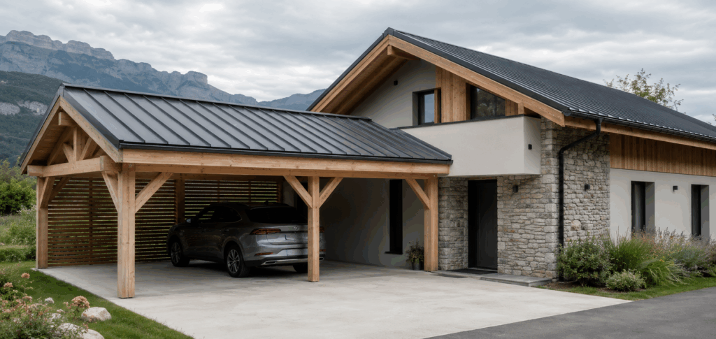 Illustration d’un carport bois sur mesure devant une maison en Haute-Savoie